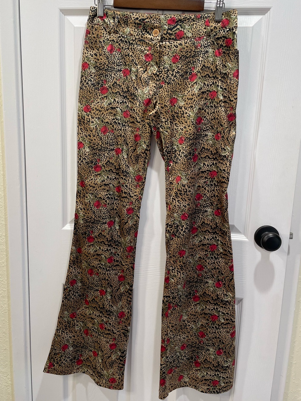 Vintage Bebe Made in France Y2K Leopard and Red Rose Flared Pants